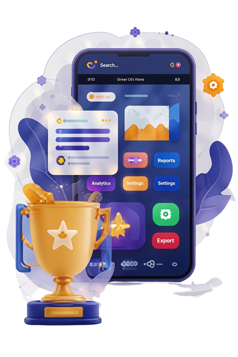 AI receptionist trophy and phone illustration