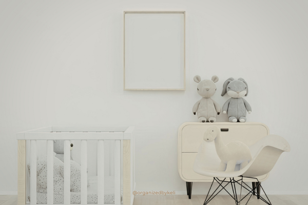 playroom organized with stuffed animals and shelf neutrals