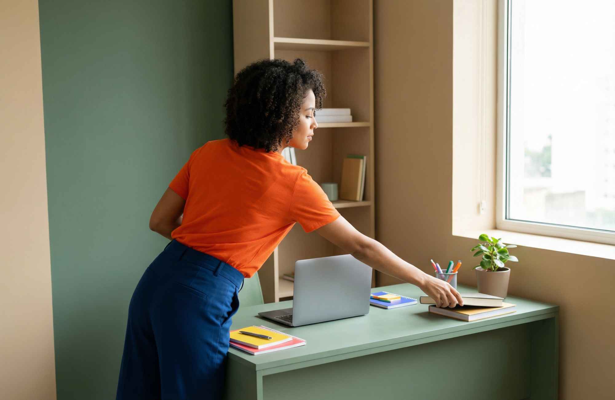move-management-evergreen-co-daily-organization-habits-woman-organizing-home-office-green-desk-and-wall-shelves-by-window-inspire-unpacking