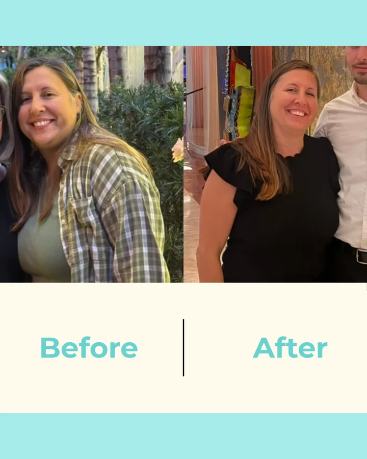Christine before and after: 15lbs down and 10 inches lost