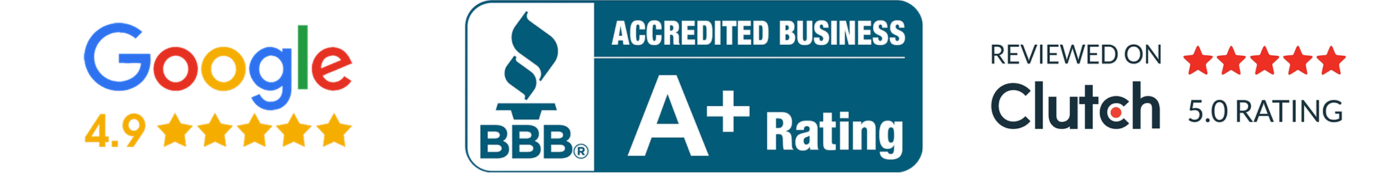 Google 4.9 star rating, BBB A+ Accredited Business, Reviewed on Clutch 5.0 rating