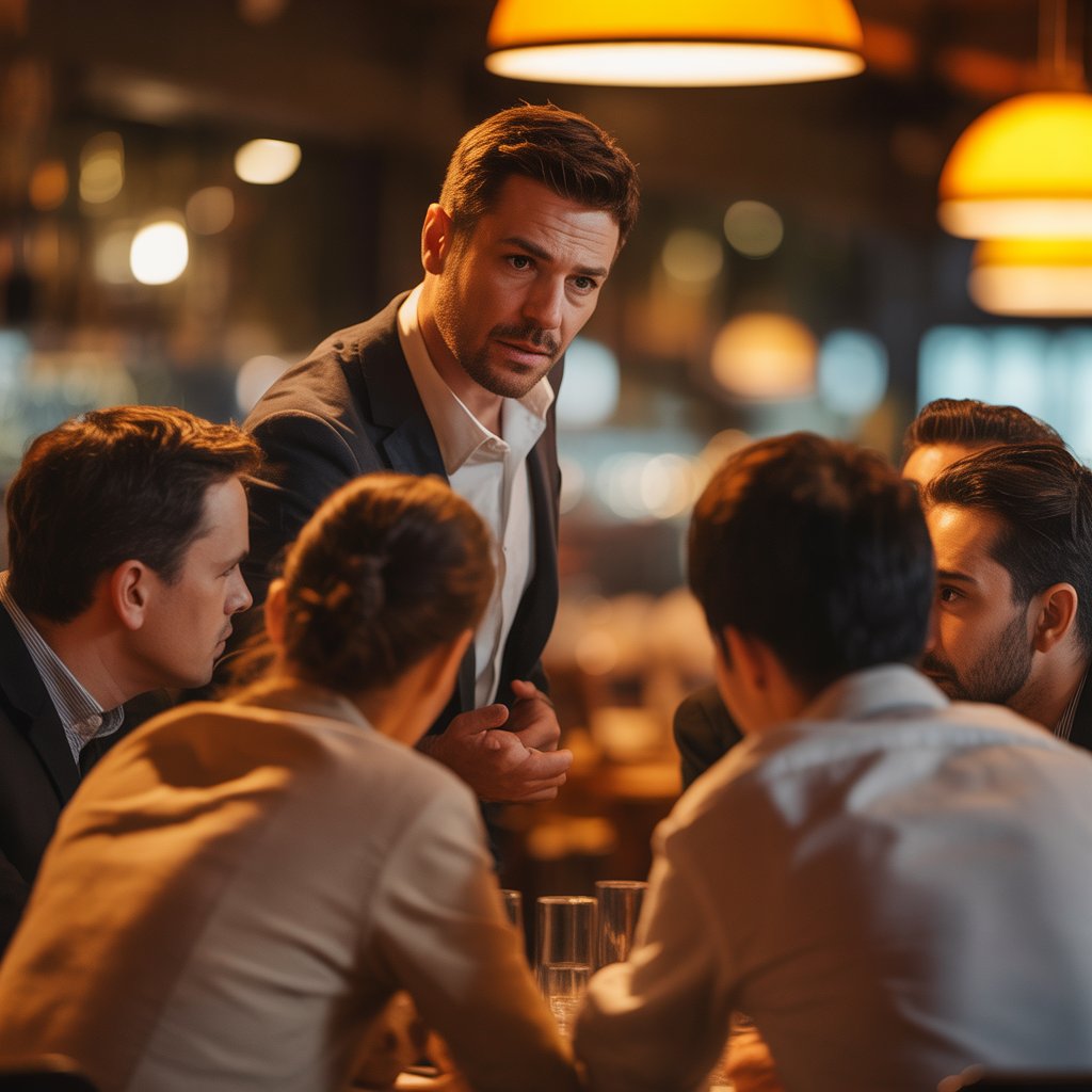 A restaurant manager leading a team discussion around a table representing investment in leadership development.