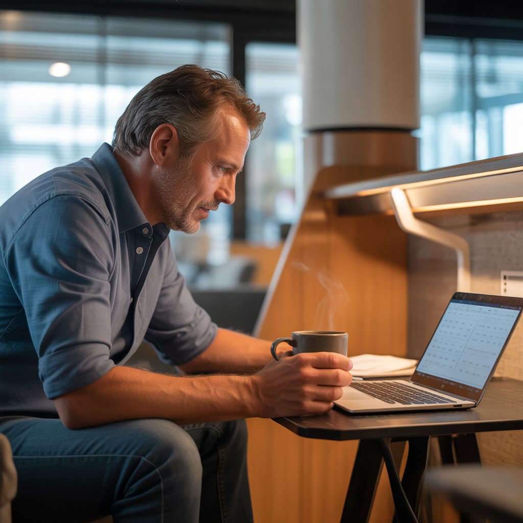 A restaurant operator reviewing financial reports and prime cost numbers at a desk with a focused and determined expression.