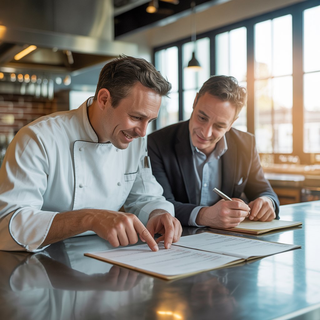 A chef and restaurant operator reviewing a menu together in a professional kitchen setting focused on streamlining and improving operations.