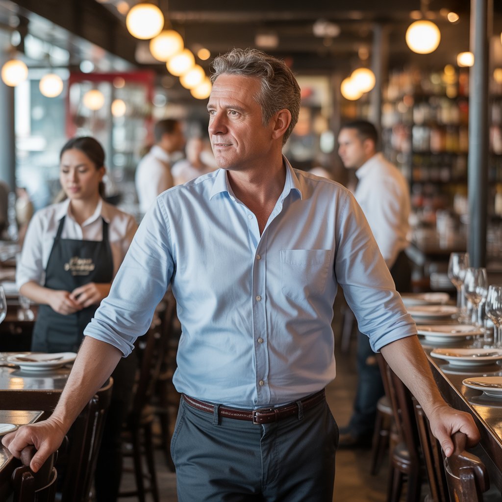 A restaurant manager observing his team during a shift focused on accountability and operational efficiency.