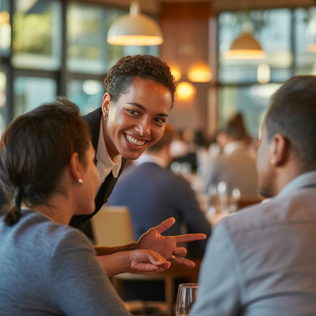 A confident server engaging warmly with guests at a table in a busy upscale restaurant representing the difference between service excellence and management roles.