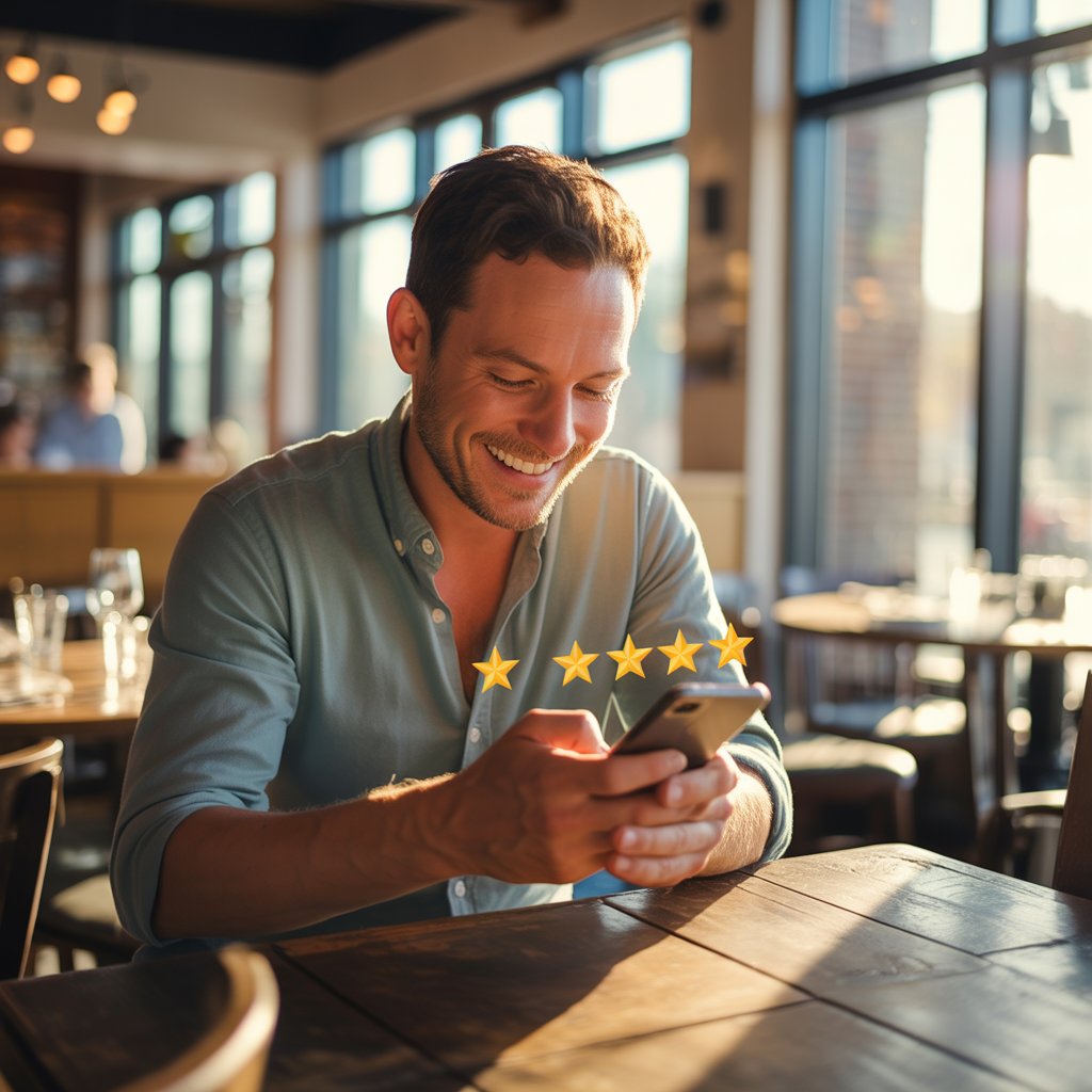 A restaurant owner reviewing five star Google reviews on a phone to use as marketing content and social proof.