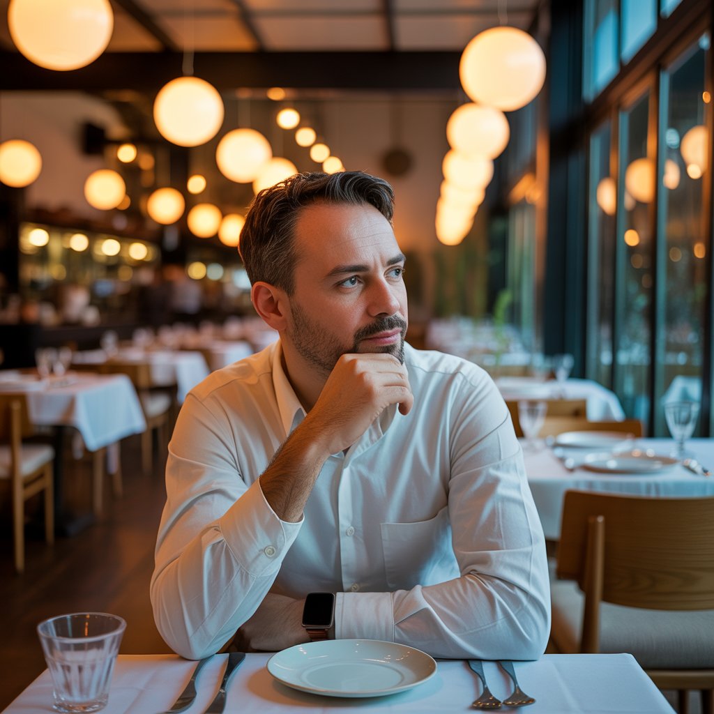 A restaurant owner reflecting on their personal brand and reputation while sitting in their dining room.