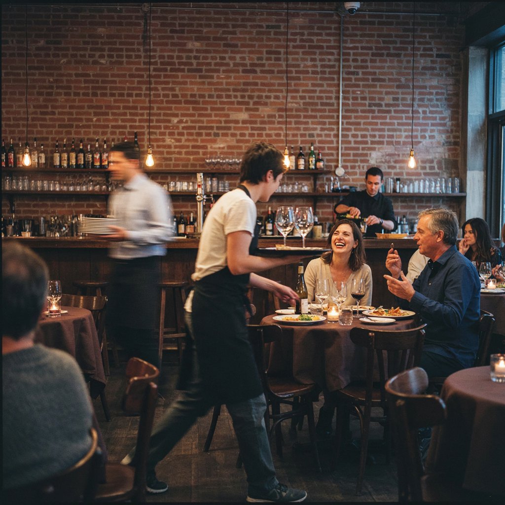 Restaurant floor blurred with motion during a busy dinner service