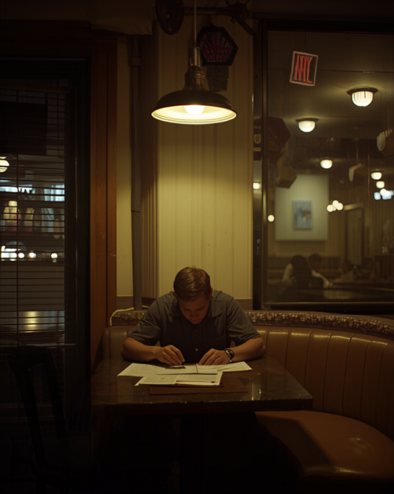Restaurant owner reviewing paperwork alone late at night in an empty dining room