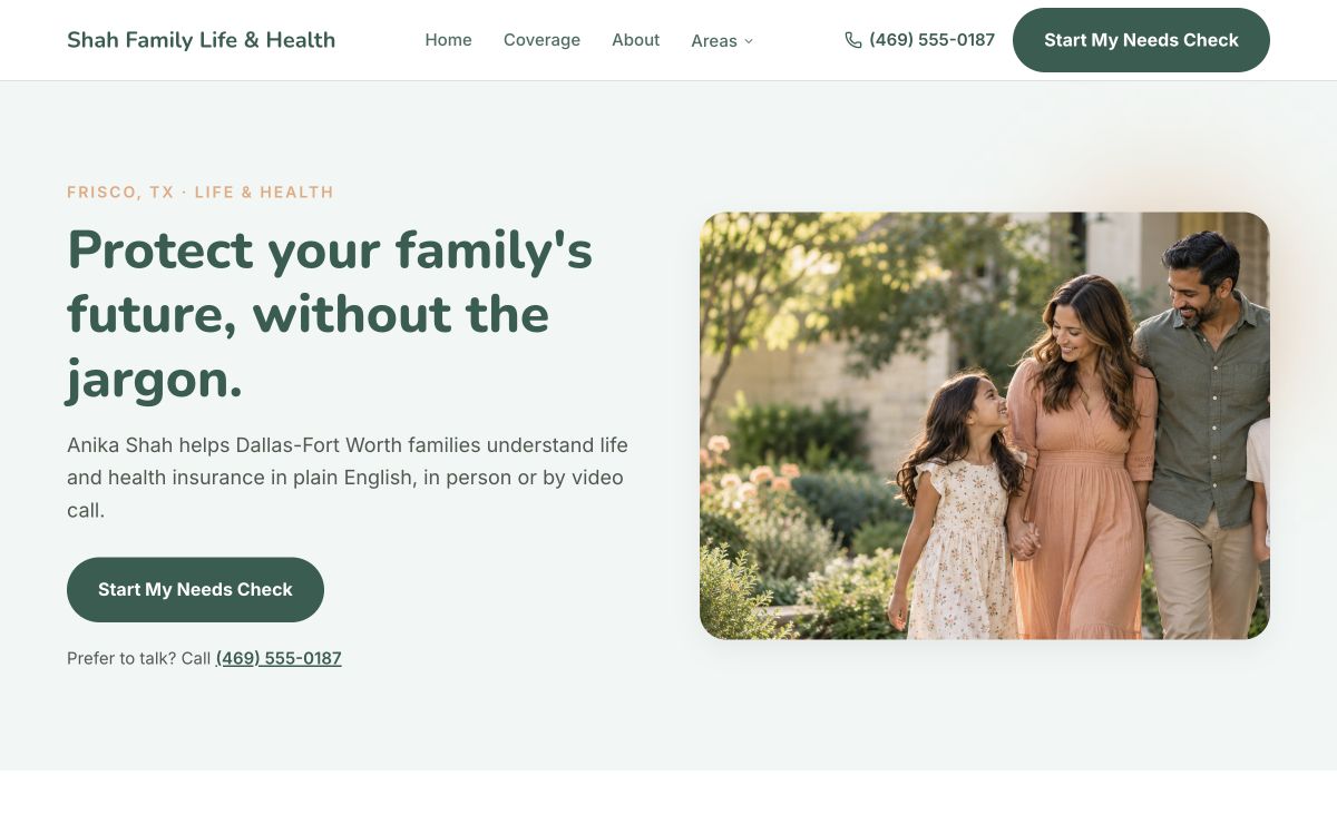 Shah Family Life and Health demo site homepage hero