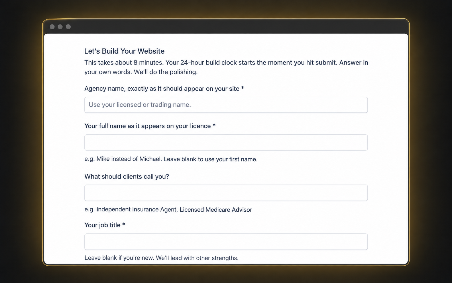 The 10-minute onboarding form with plain questions and no design decisions