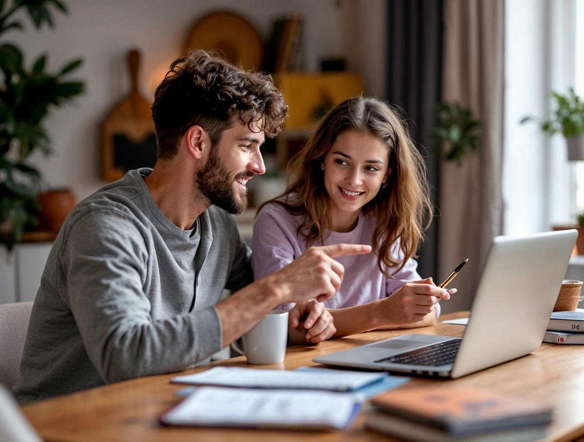 a couple in their early thirties sitting at a kitchen table with a laptop a couple in their early thirties sitting at a kitchen table with a laptop