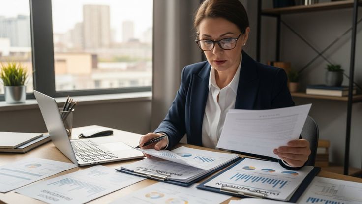 woman reviewing financial plan desk woman reviewing financial plan desk