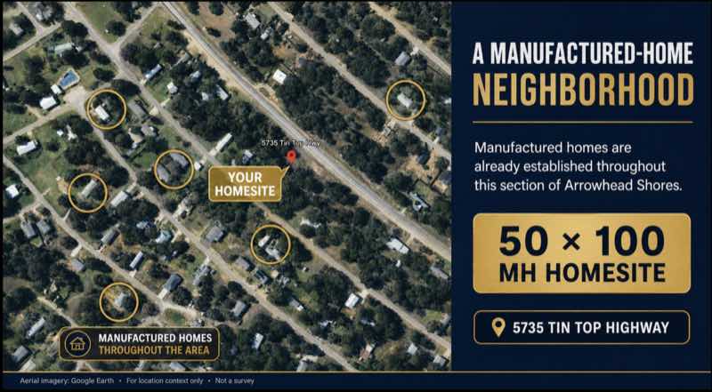 Aerial of Arrowhead Shores showing manufactured homes throughout the neighborhood with the homesite pinned