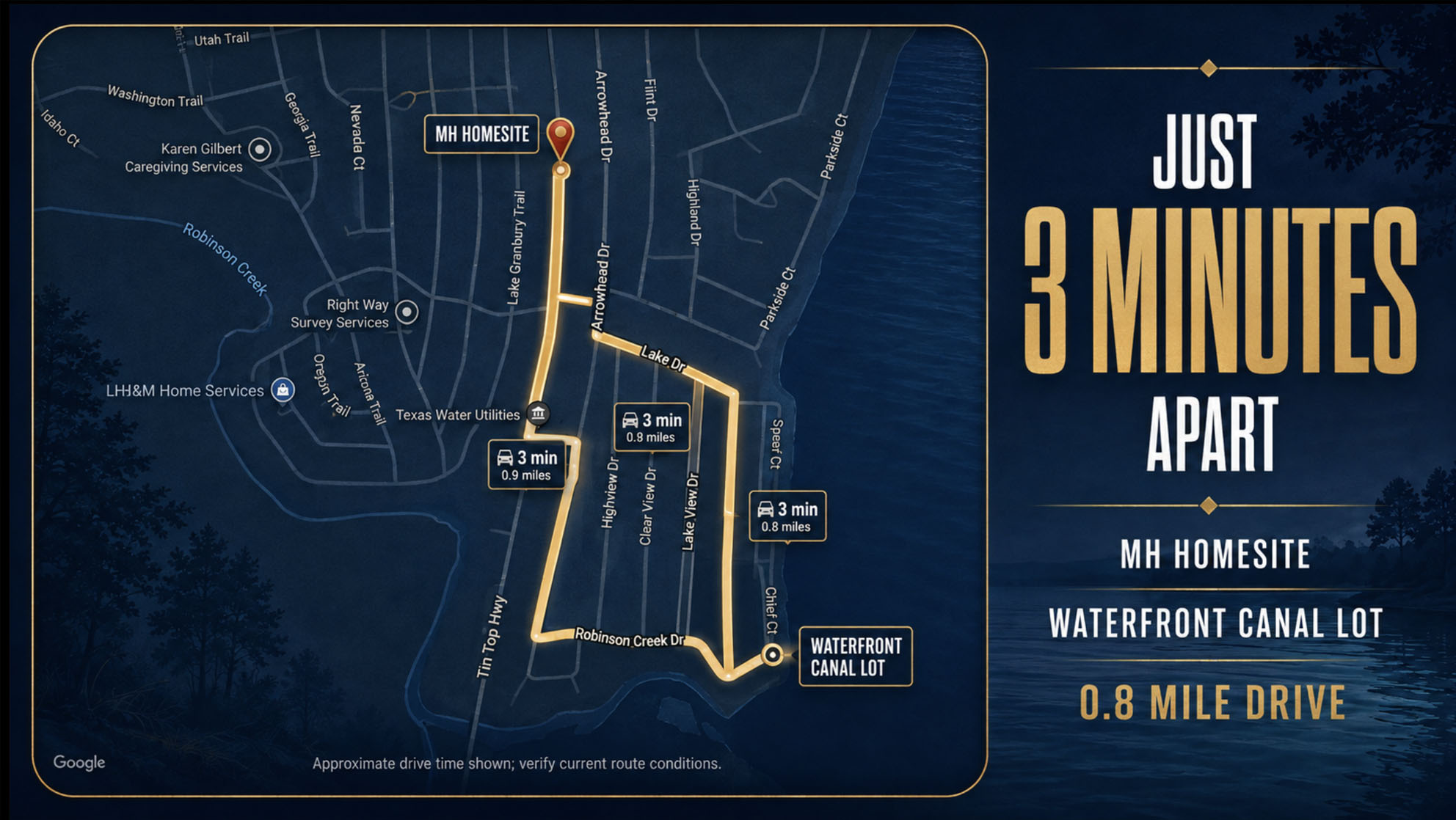 Map showing the MH homesite and the waterfront canal lot are about a 3-minute, 0.8-mile drive apart