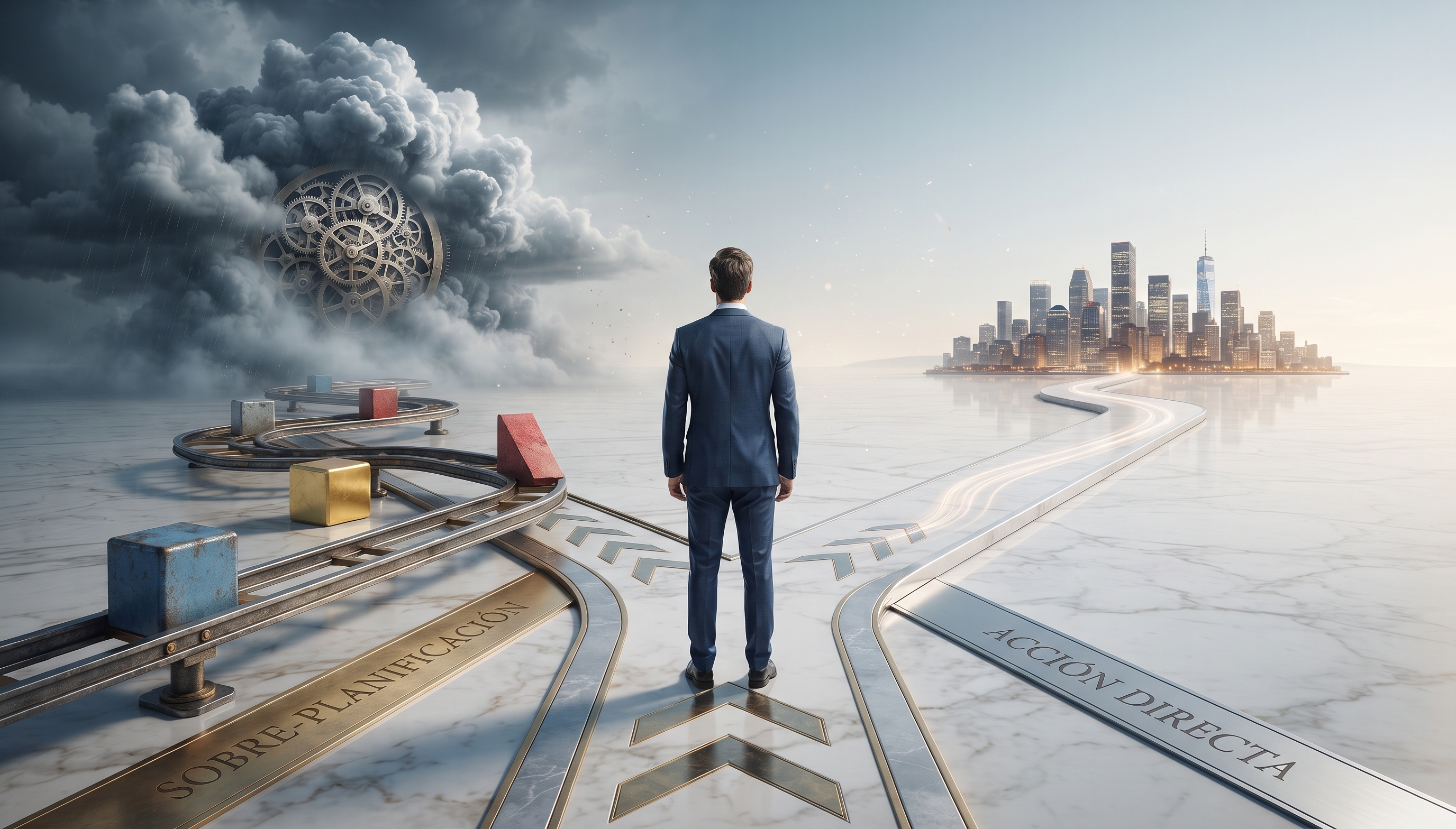 A corporate-themed photo of a leader facing a crossroads: one path labeled 'Sobre-planificación' with roadblocks, the other 'Acción directa' with clear progress. A corporate-themed photo of a leader facing a crossroads: one path labeled 'Sobre-planificación' with roadblocks, the other 'Acción directa' with clear progress.