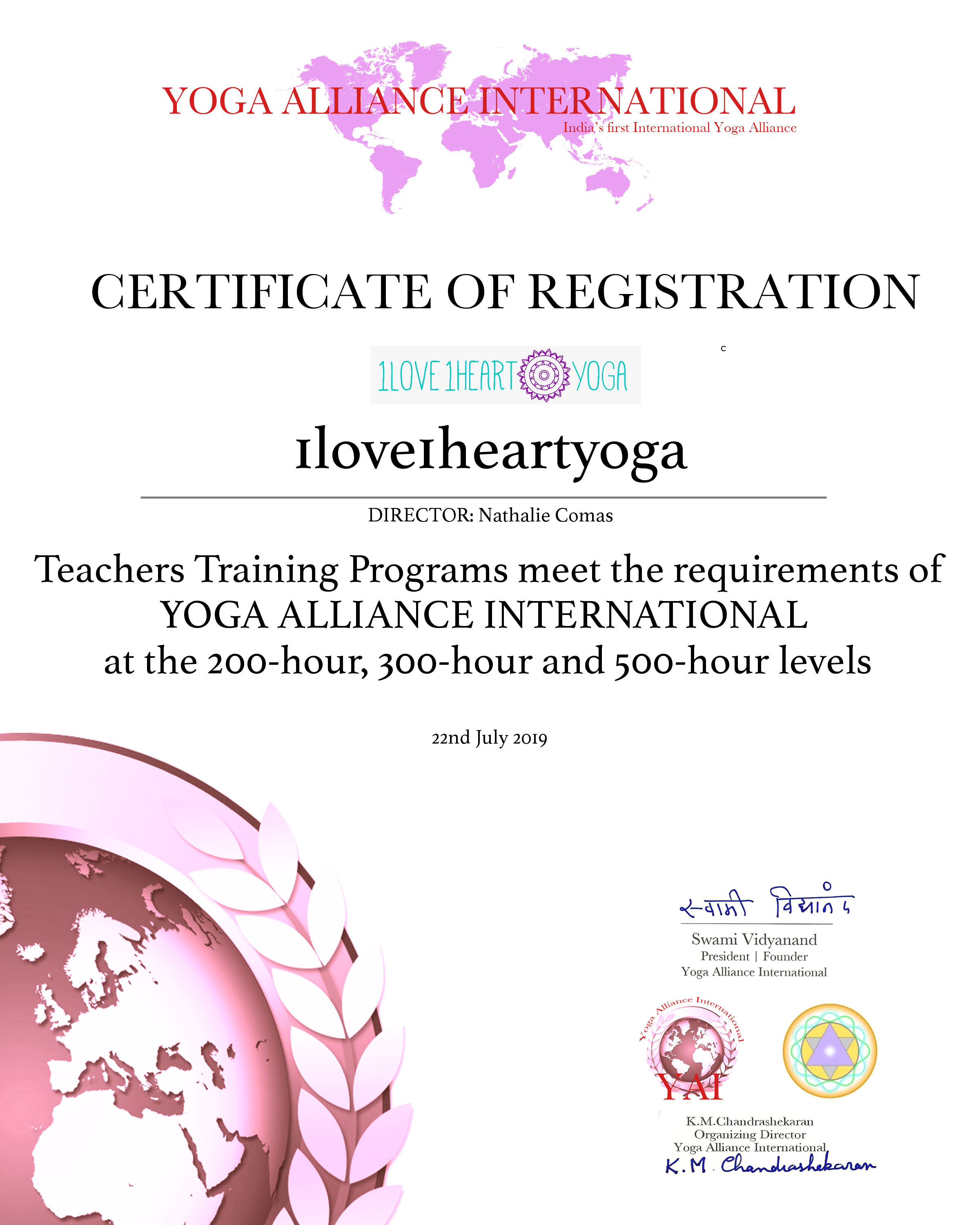 Certificado Yoga Alliance International · Nathalie Comas