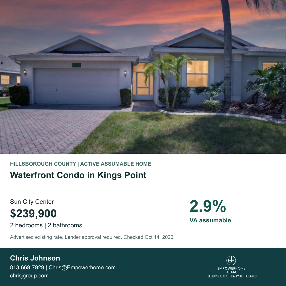 Waterfront Condo in Kings Point in Sun City Center with advertised VA assumable rate 2.9%