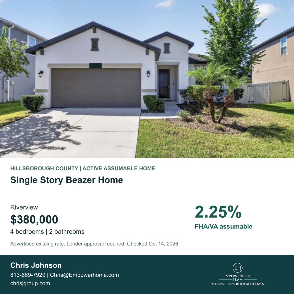 Single Story Beazer Home in Riverview with advertised FHA/VA assumable rate 2.25%