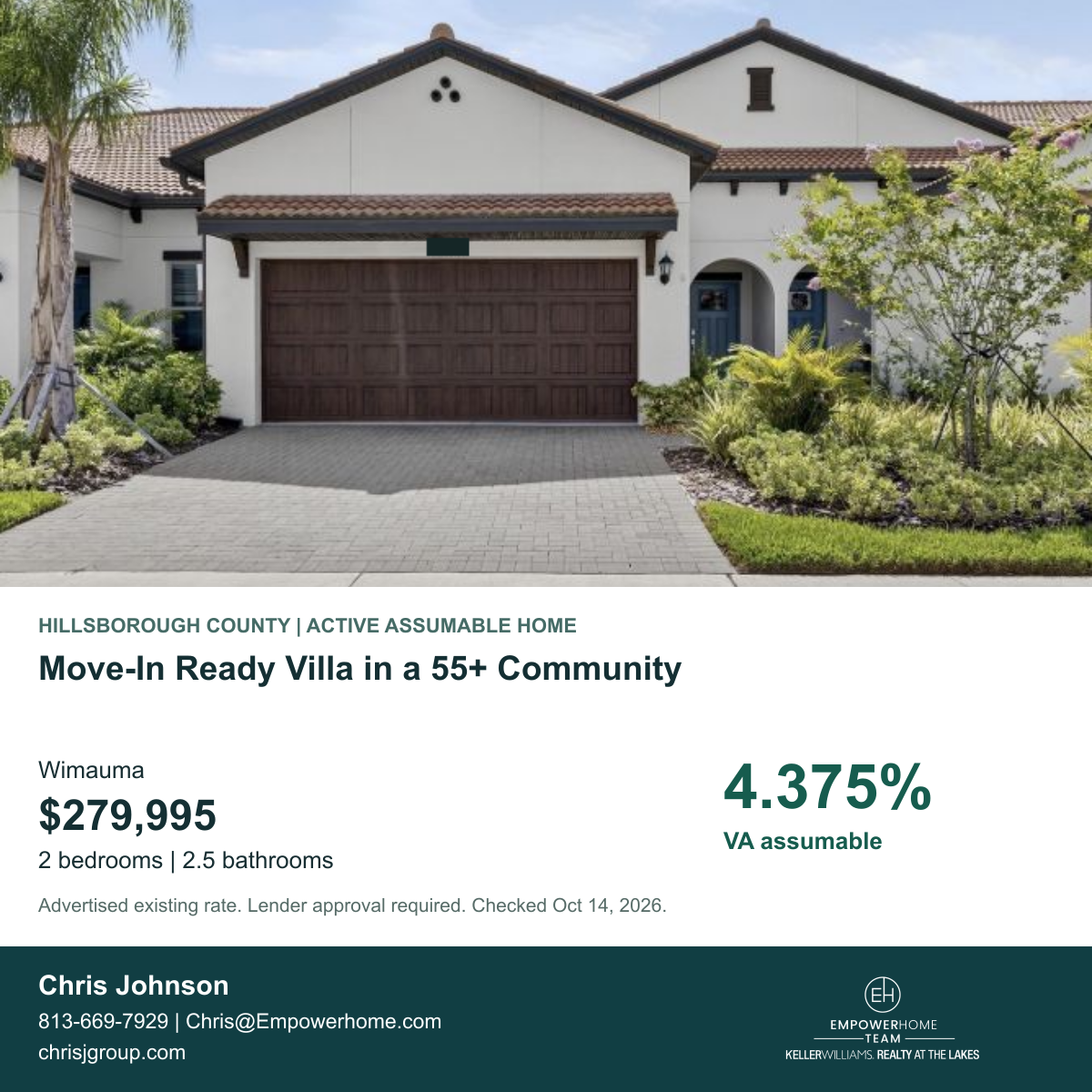 Move-In Ready Villa in a 55+ Community in Wimauma with advertised VA assumable rate 4.375%
