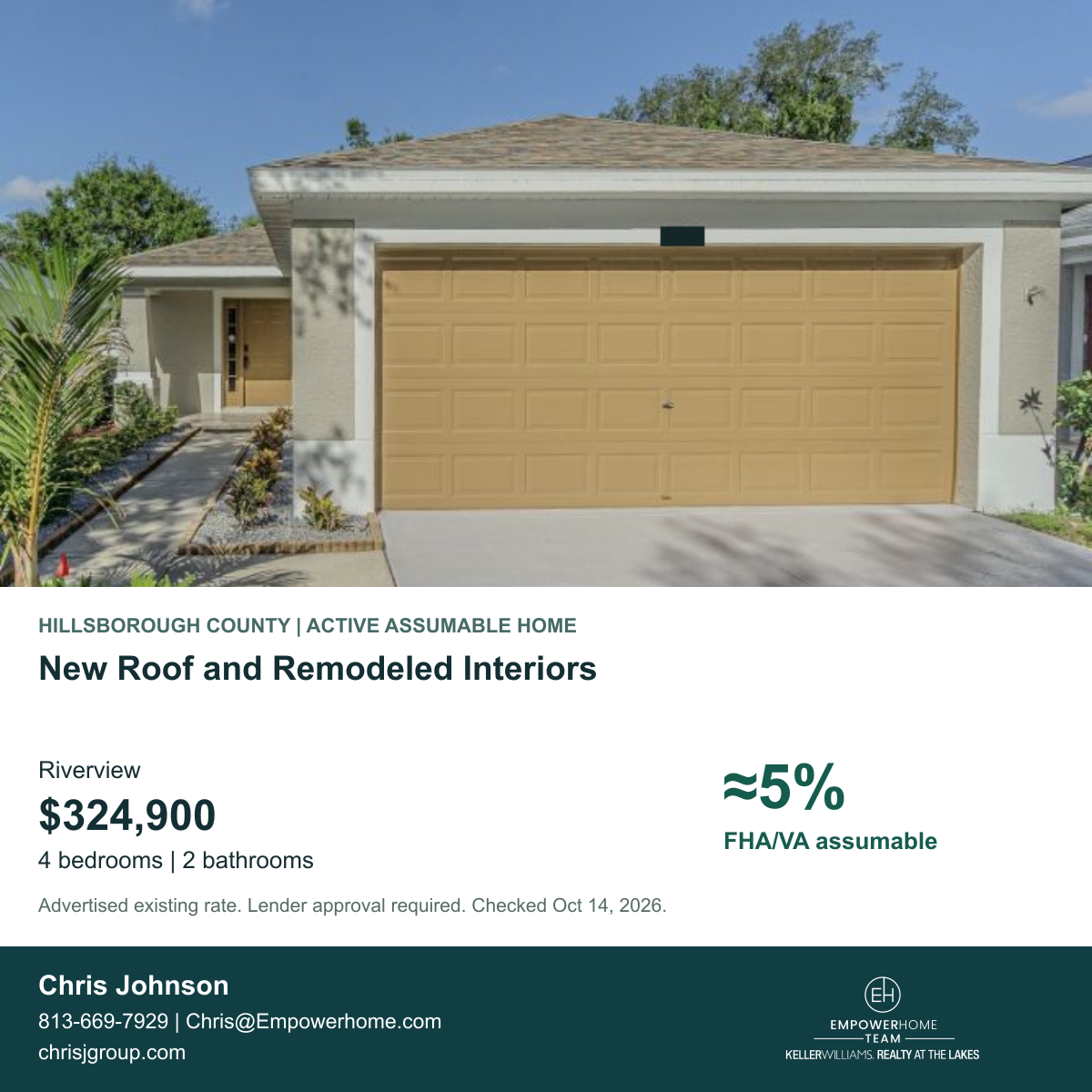 New Roof and Remodeled Interiors in Riverview with advertised FHA/VA assumable rate ≈5%