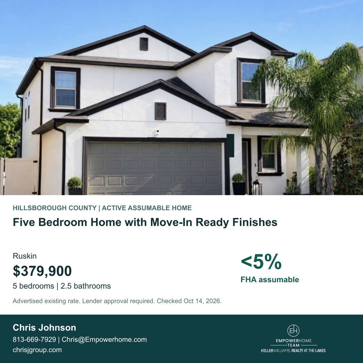 Five Bedroom Home with Move-In Ready Finishes in Ruskin with advertised FHA assumable rate <5%