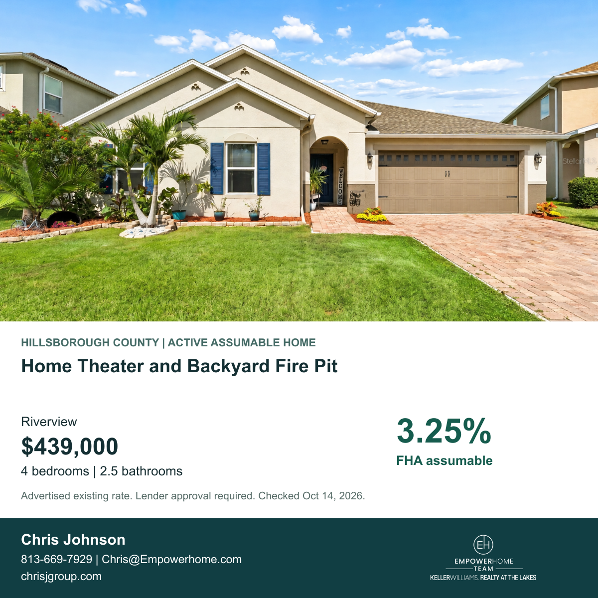 Home Theater and Backyard Fire Pit in Riverview with advertised FHA assumable rate 3.25%