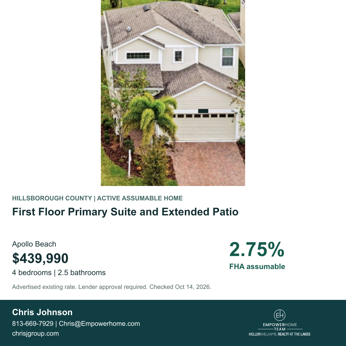 First Floor Primary Suite and Extended Patio in Apollo Beach with advertised FHA assumable rate 2.75%