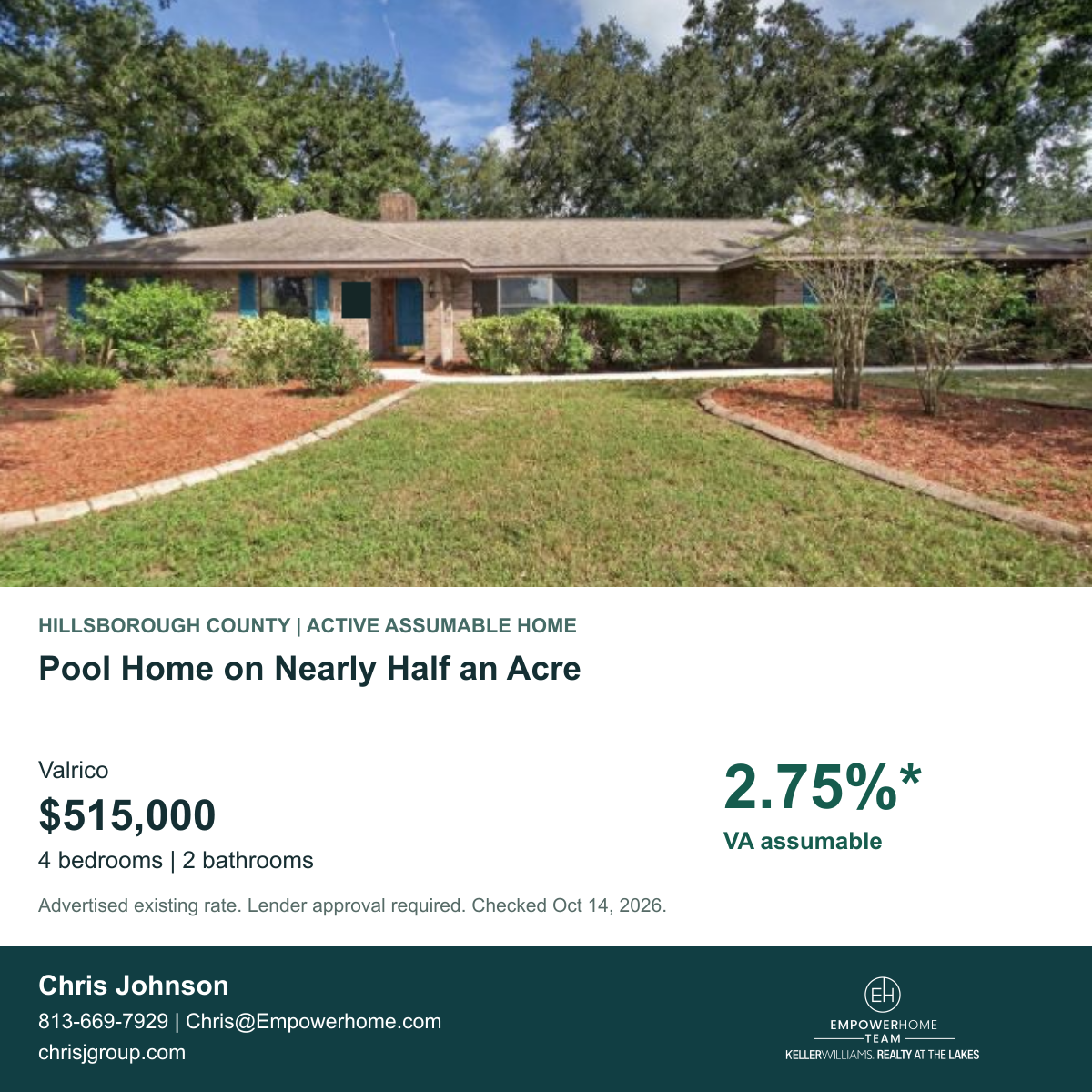 Pool Home on Nearly Half an Acre in Valrico with advertised VA assumable rate 2.75%*