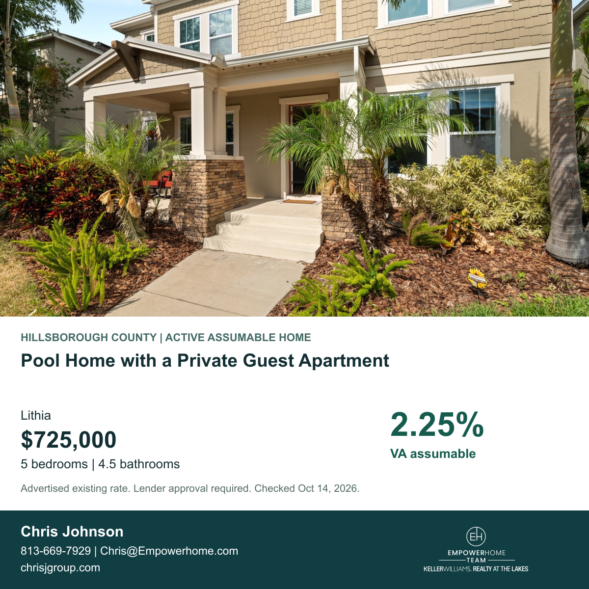 Pool Home with a Private Guest Apartment in Lithia with advertised VA assumable rate 2.25%
