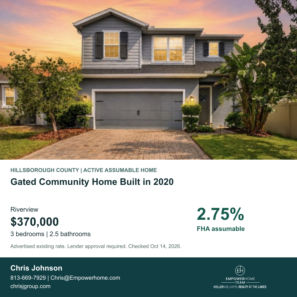 Gated Community Home Built in 2020 in Riverview with advertised FHA assumable rate 2.75%