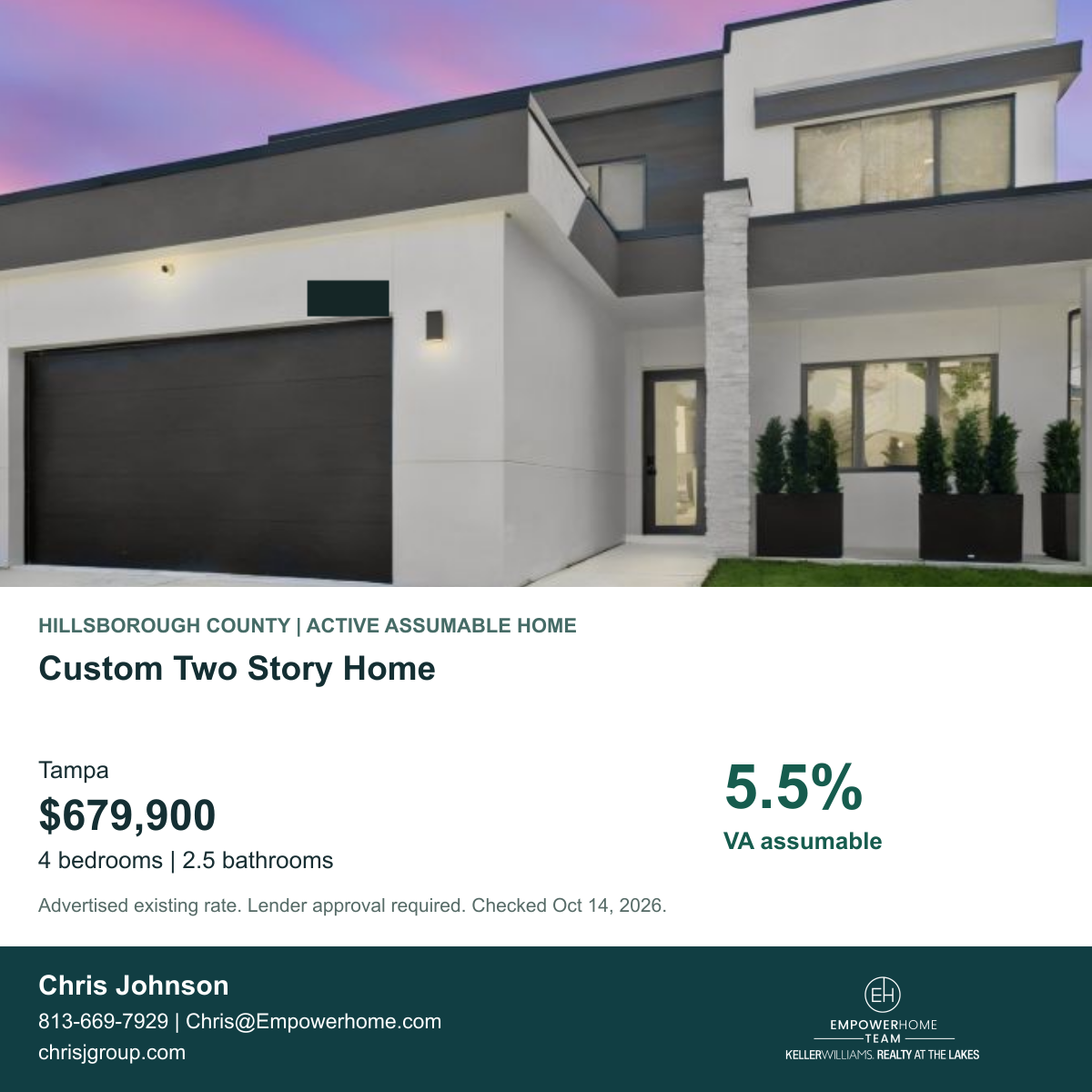 Custom Two Story Home in Tampa with advertised VA assumable rate 5.5%