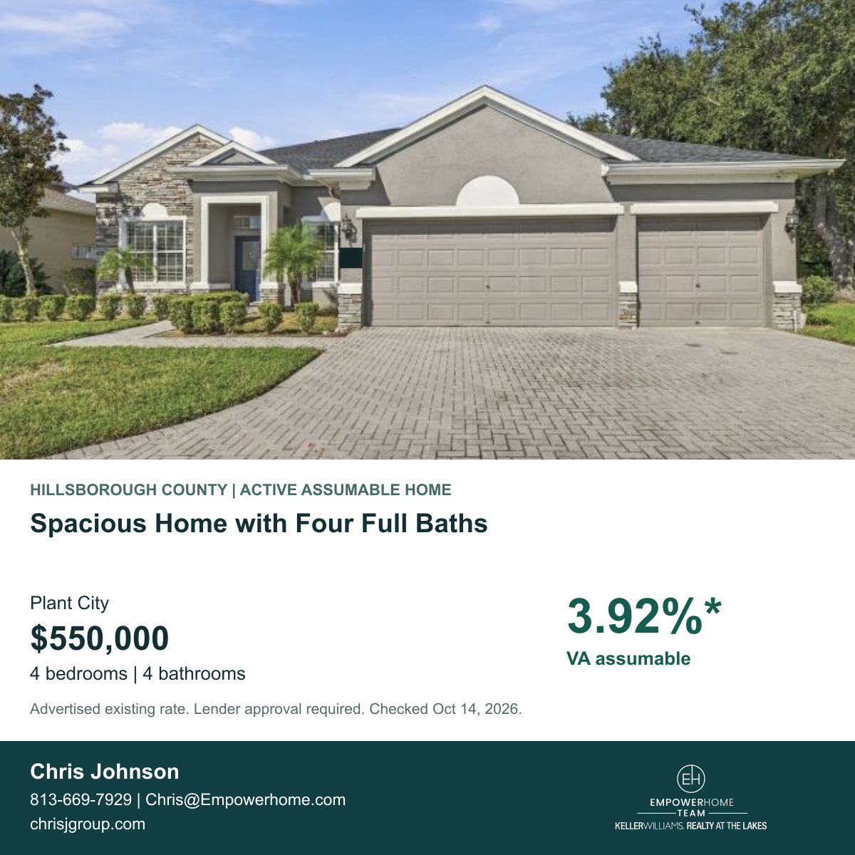 Spacious Home with Four Full Baths in Plant City with advertised VA assumable rate 3.92%*