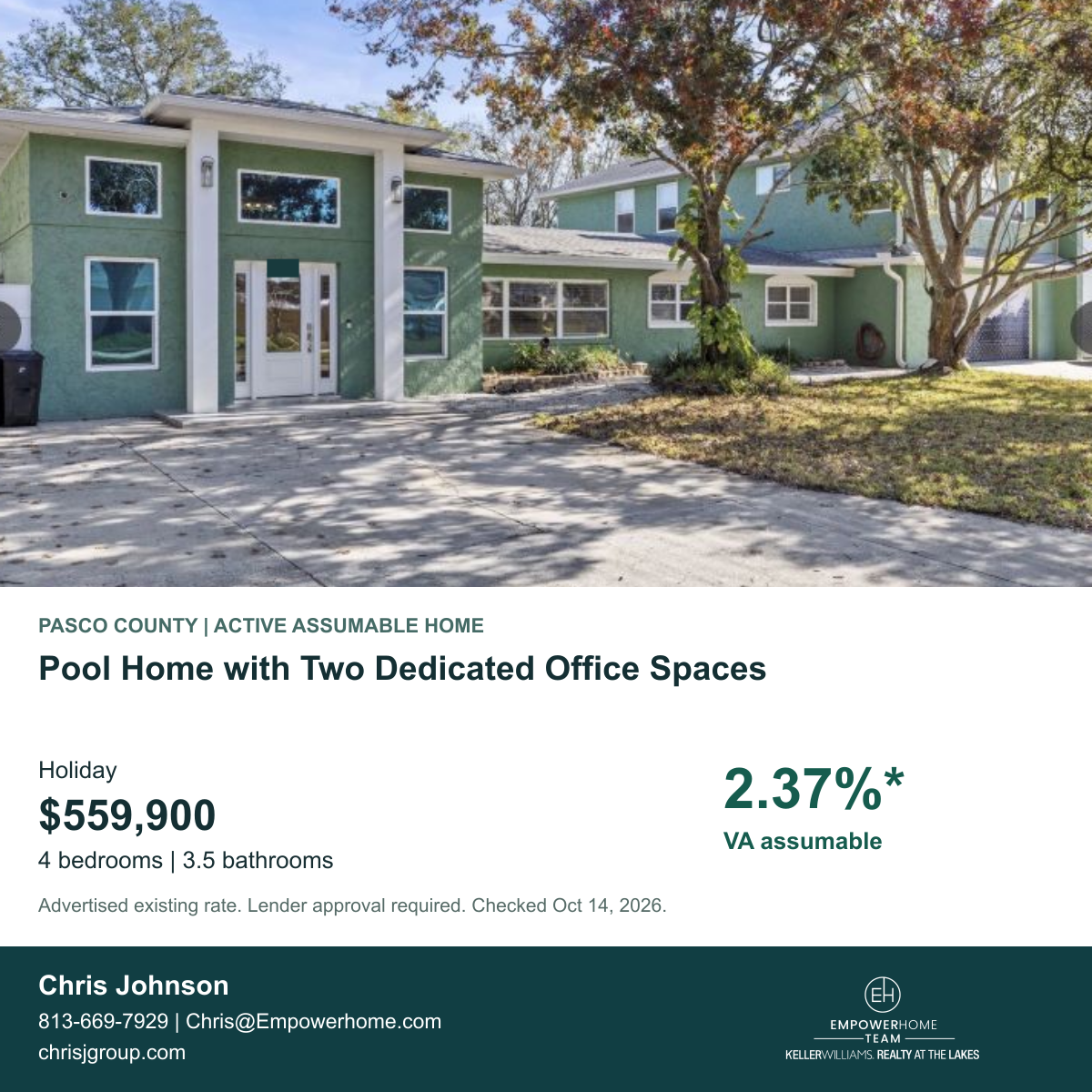 Pool Home with Two Dedicated Office Spaces in Holiday, Pasco County; exterior photo, asking price and advertised VA assumption rate