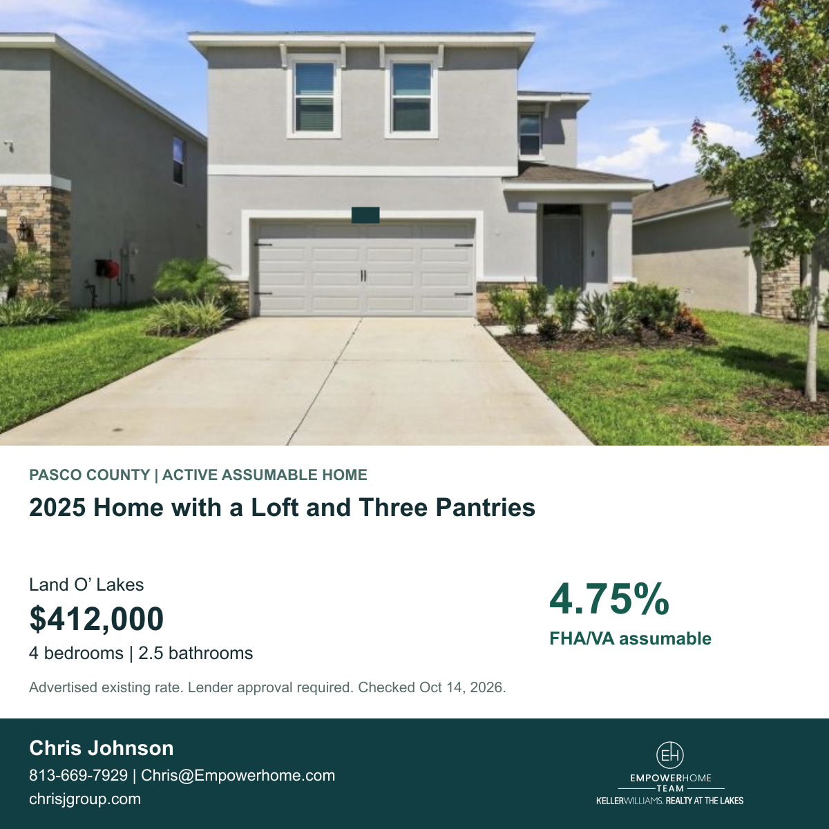 2025 Home with a Loft and Three Pantries in Land O’ Lakes, Pasco County; exterior photo, asking price and advertised FHA/VA assumption rate