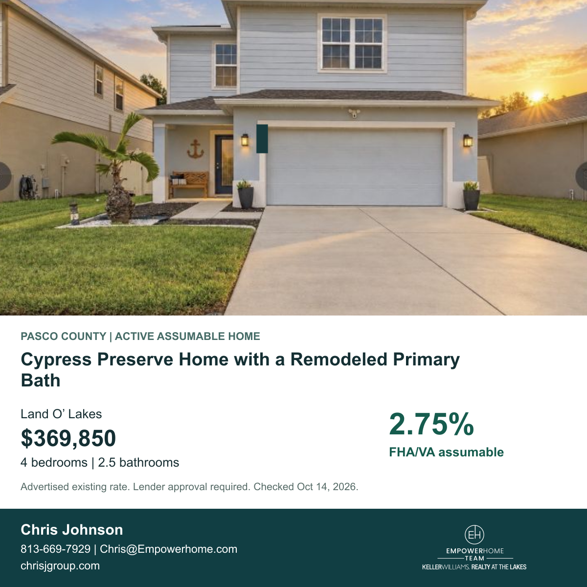 Cypress Preserve Home with a Remodeled Primary Bath in Land O’ Lakes, Pasco County; exterior photo, asking price and advertised FHA/VA assumption rate