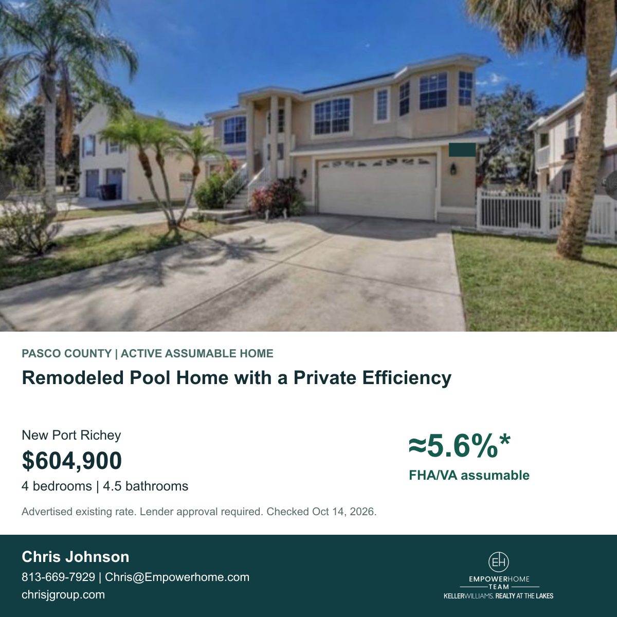Remodeled Pool Home with a Private Efficiency in New Port Richey, Pasco County; exterior photo, asking price and advertised FHA/VA assumption rate