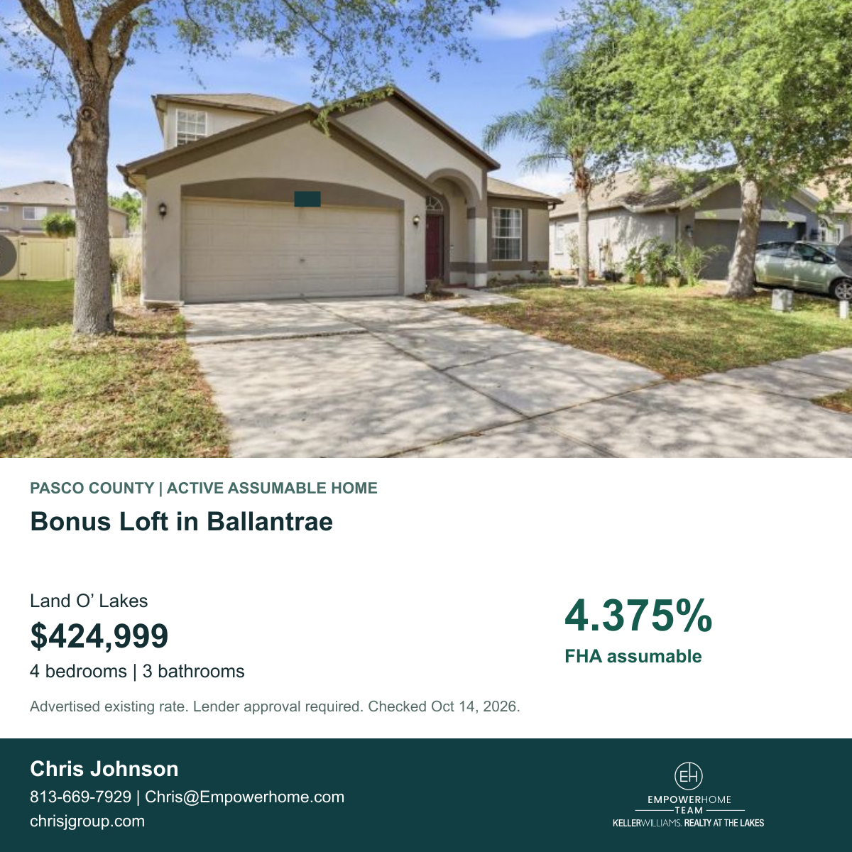 Bonus Loft in Ballantrae in Land O’ Lakes, Pasco County; exterior photo, asking price and advertised FHA assumption rate