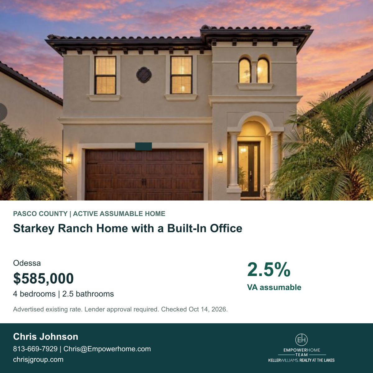 Starkey Ranch Home with a Built-In Office in Odessa, Pasco County; exterior photo, asking price and advertised VA assumption rate