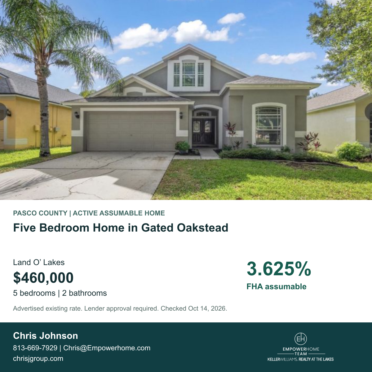 Five Bedroom Home in Gated Oakstead in Land O’ Lakes, Pasco County; exterior photo, asking price and advertised FHA assumption rate