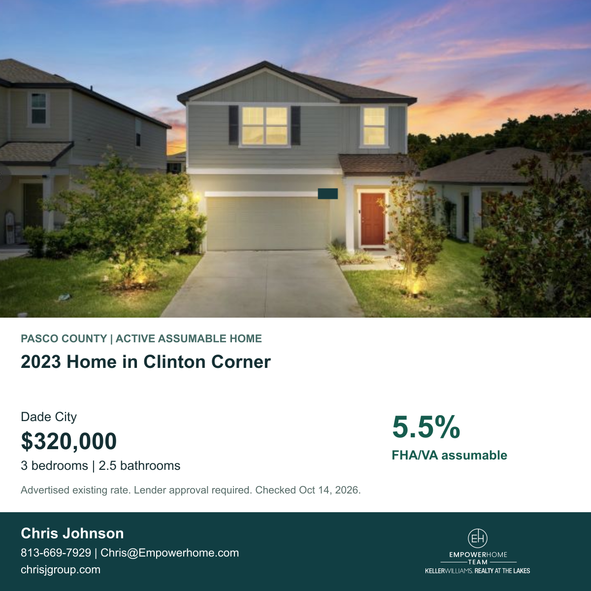 2023 Home in Clinton Corner in Dade City, Pasco County; exterior photo, asking price and advertised FHA/VA assumption rate