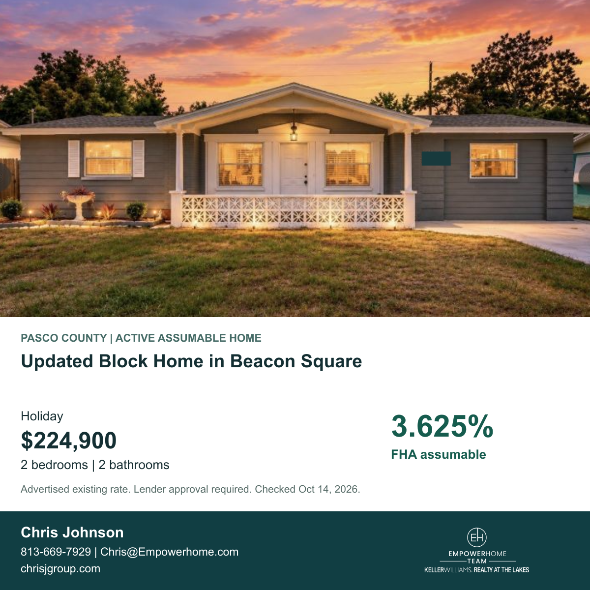 Updated Block Home in Beacon Square in Holiday, Pasco County; exterior photo, asking price and advertised FHA assumption rate