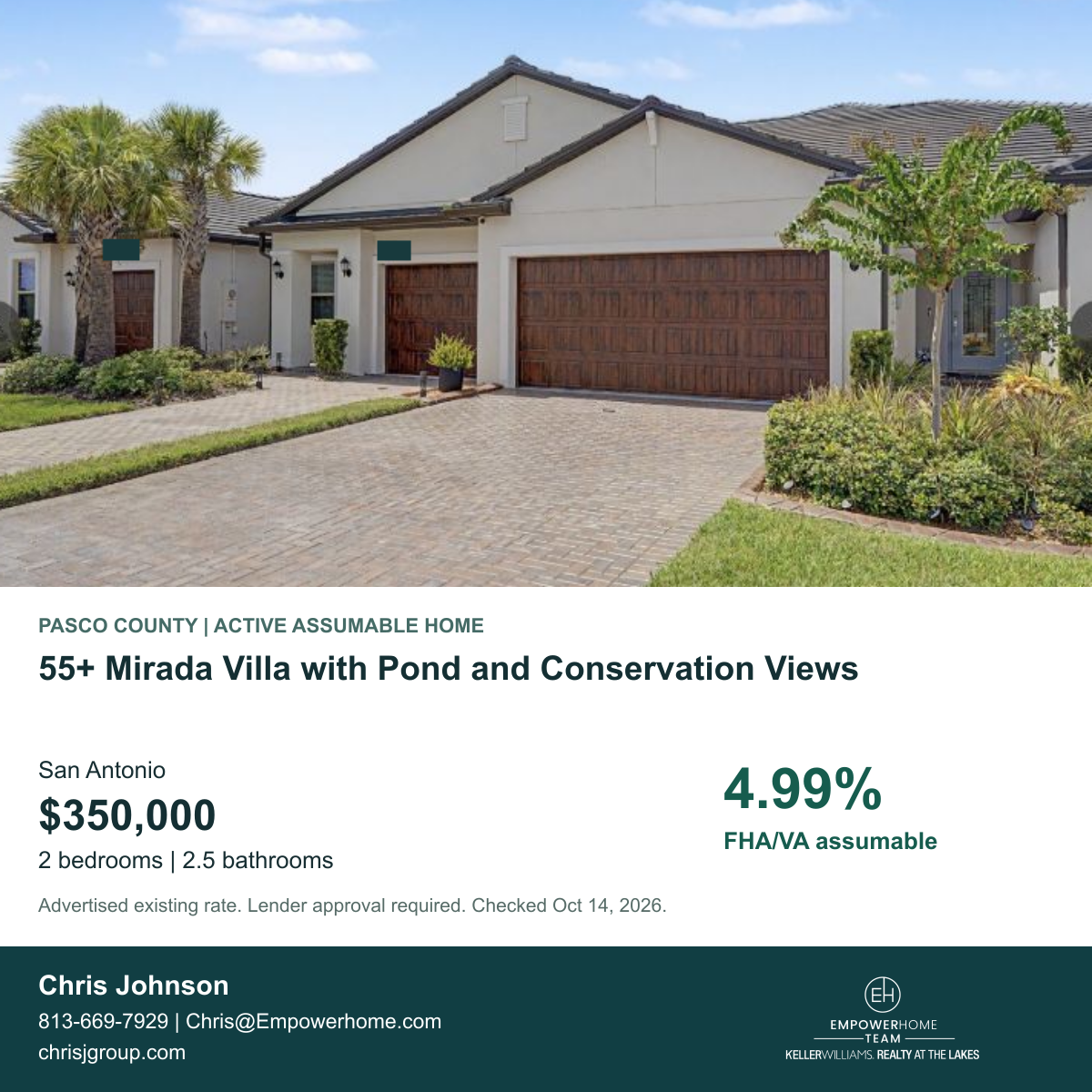 55+ Mirada Villa with Pond and Conservation Views in San Antonio, Pasco County; exterior photo, asking price and advertised FHA/VA assumption rate