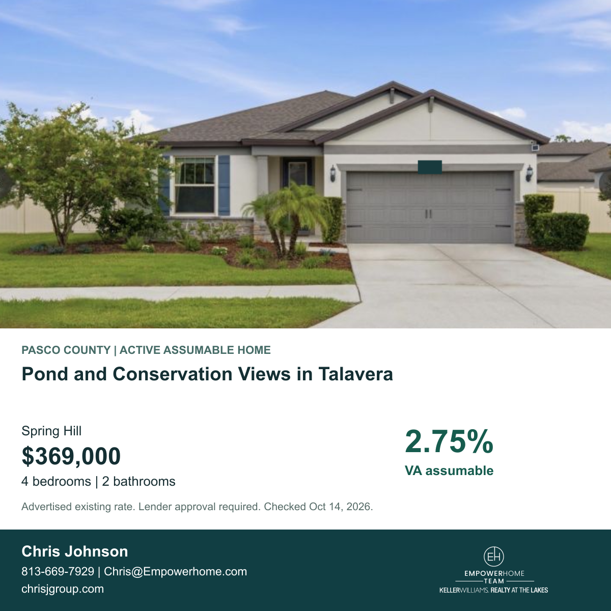 Pond and Conservation Views in Talavera in Spring Hill, Pasco County; exterior photo, asking price and advertised VA assumption rate