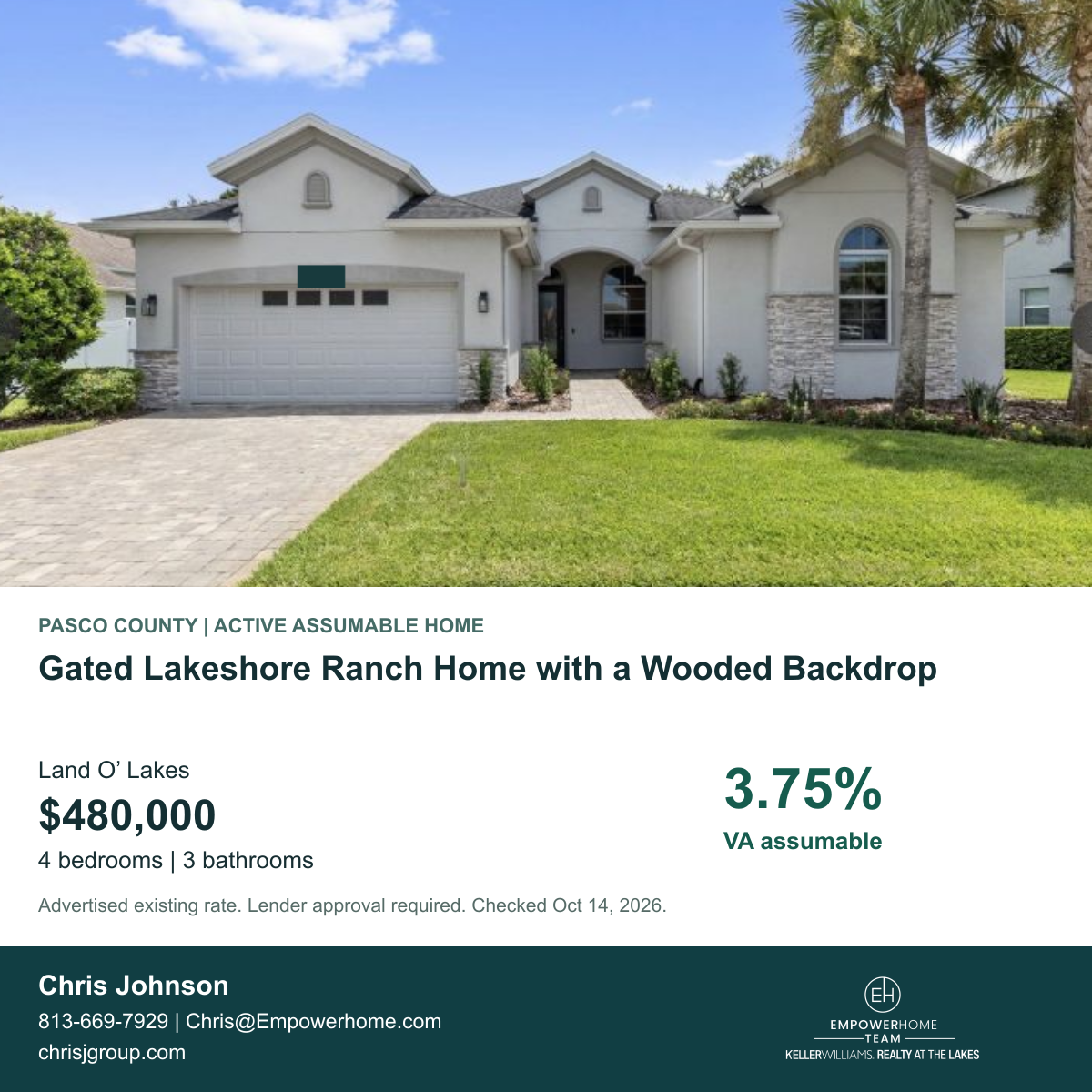 Gated Lakeshore Ranch Home with a Wooded Backdrop in Land O’ Lakes, Pasco County; exterior photo, asking price and advertised VA assumption rate