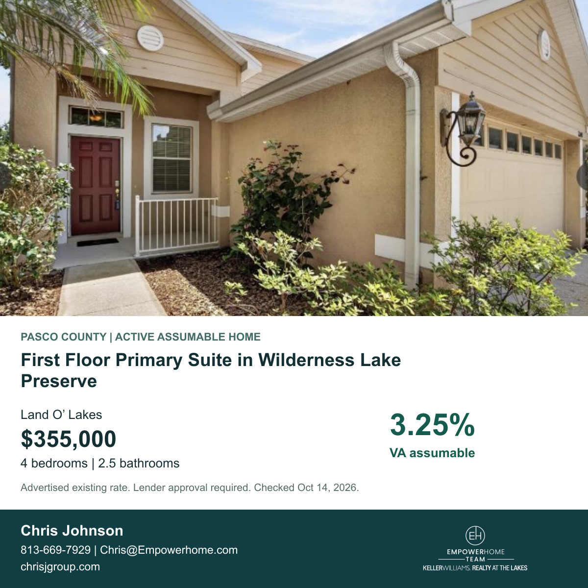 First Floor Primary Suite in Wilderness Lake Preserve in Land O’ Lakes, Pasco County; exterior photo, asking price and advertised VA assumption rate