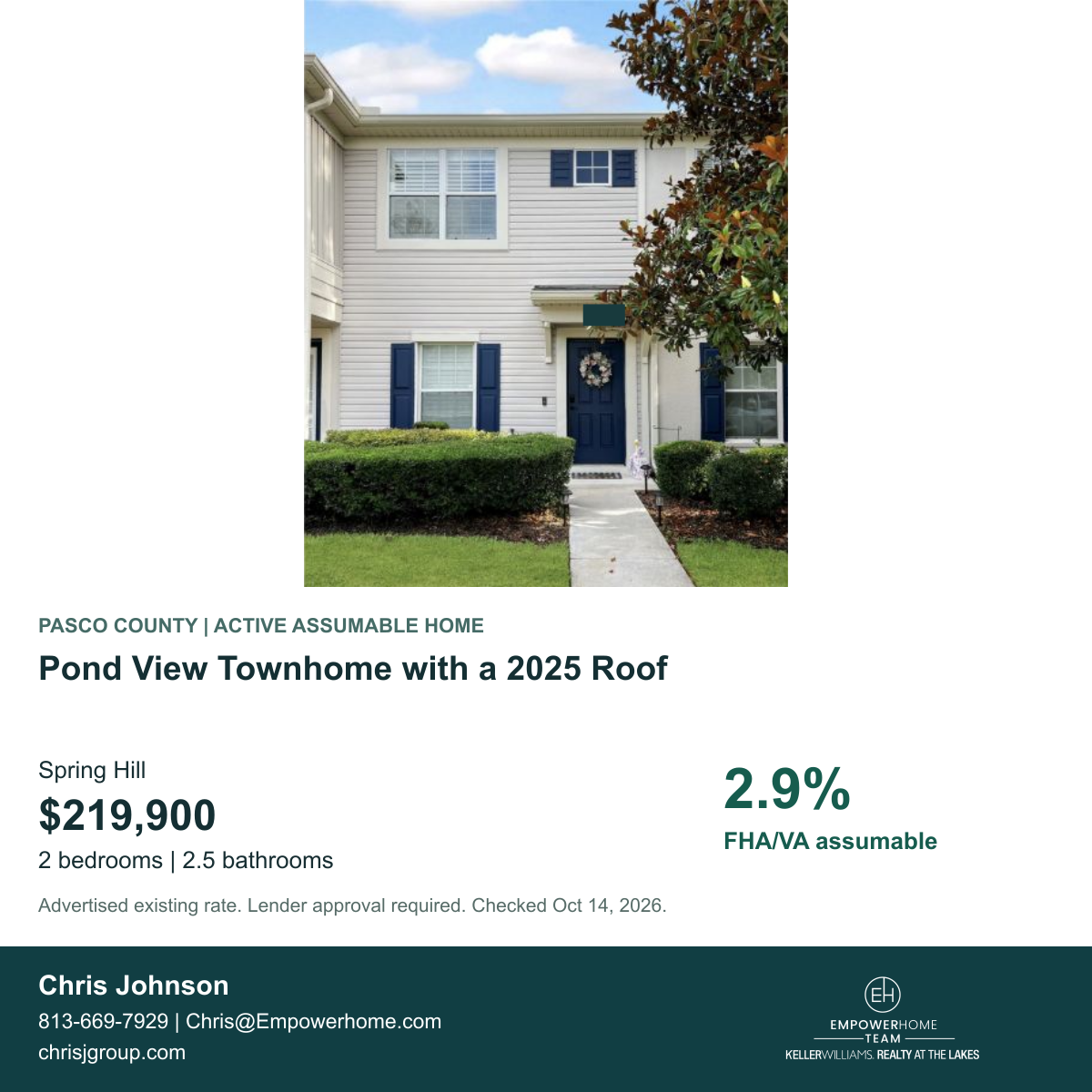 Pond View Townhome with a 2025 Roof in Spring Hill, Pasco County; exterior photo, asking price and advertised FHA/VA assumption rate