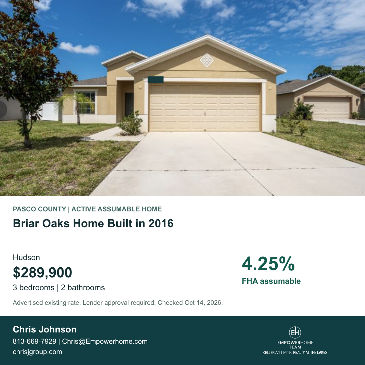 Briar Oaks Home Built in 2016 in Hudson, Pasco County; exterior photo, asking price and advertised FHA assumption rate