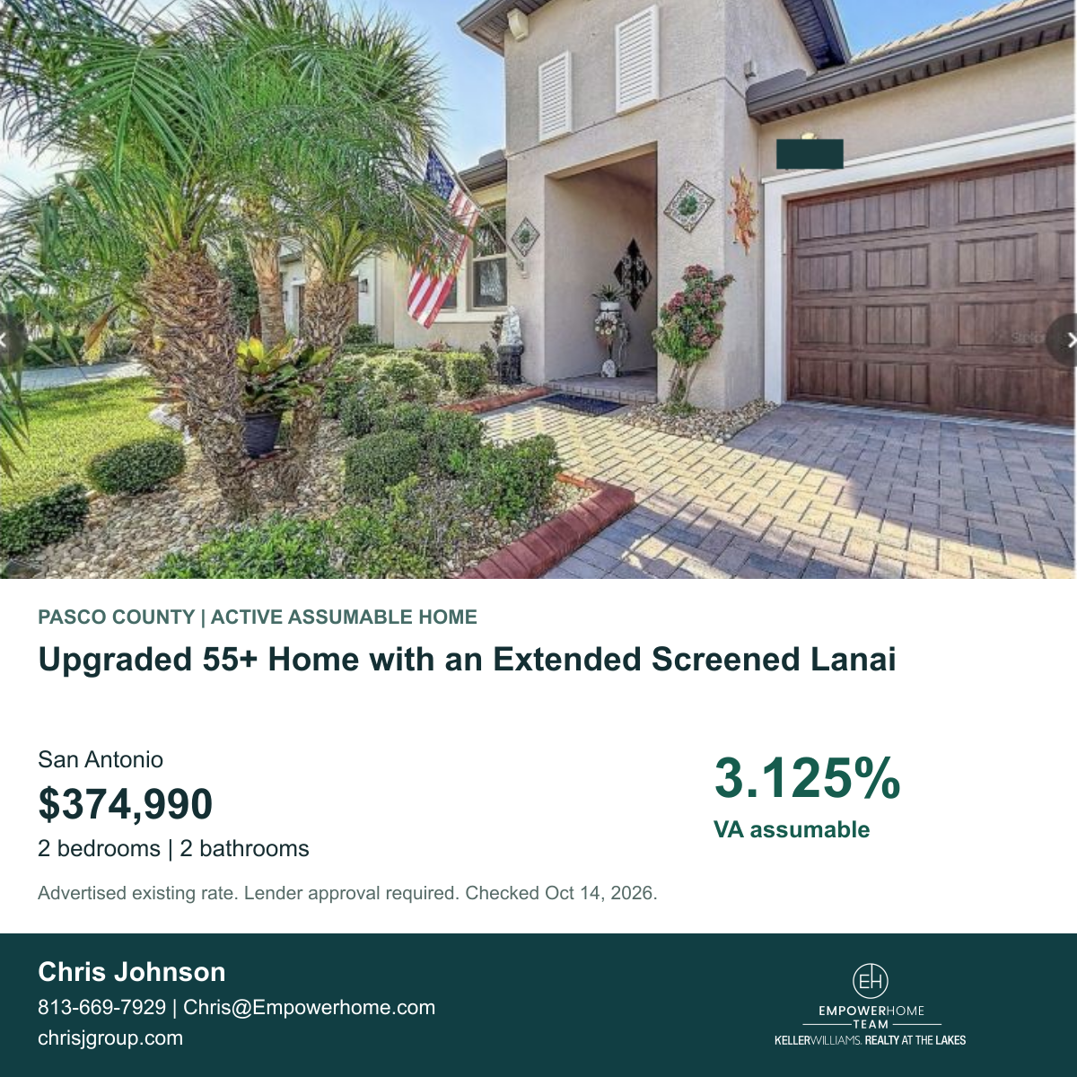 Upgraded 55+ Home with an Extended Screened Lanai in San Antonio, Pasco County; exterior photo, asking price and advertised VA assumption rate